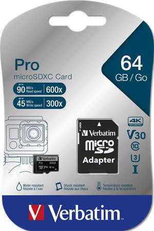Memóriakártya, microSDXC, 64GB, CL10/U3, 90/45 MB/s, adapter, VERBATIM "PRO"
