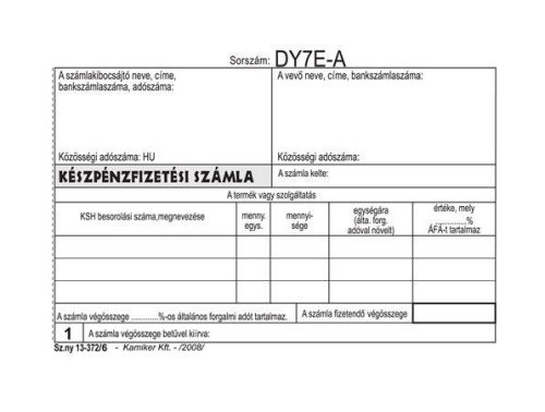 Nyomtatvány, készpénzfizetési számlatömb, egy ÁFÁs, 50x3, A6, fekvő , VICTORIA PAPER, "B.13-372", 20 tömb/csomag