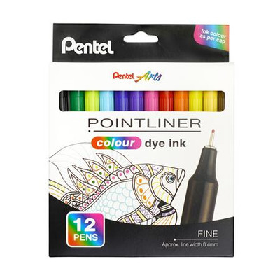 Tűfilc készlet, 0,4 mm, PENTEL "Pointliner", 12 különböző szín