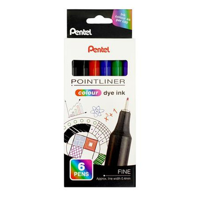 Tűfilc készlet, 0,4 mm, PENTEL "Pointliner", 6 különböző szín