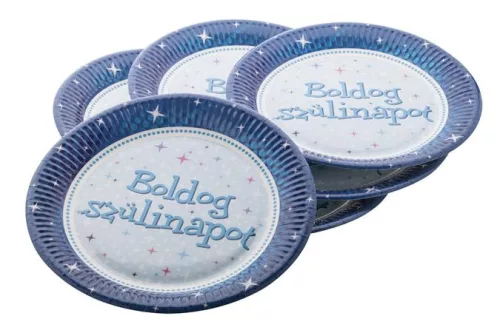 Tányér, papír, 23 cm, "Boldog Születésnapot", kék 6 db