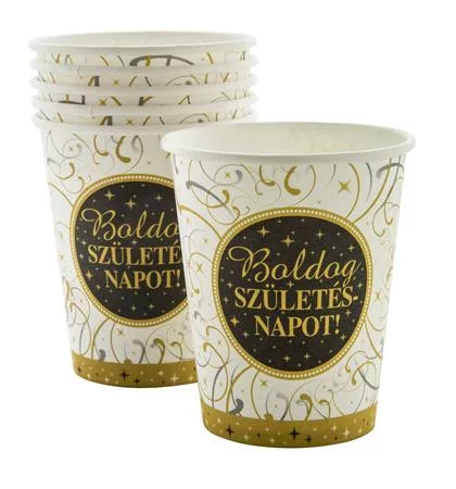 Pohár, papír, 2,5 dl, "Boldog Születésnapot", elegáns 6 db