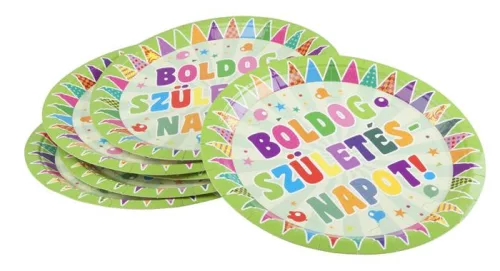 Tányér, papír, 23 cm, "Boldog születésnapot", zászlós 6 db