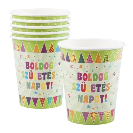 Pohár, papír, 2,5 dl, "Boldog születésnapot", zászlós 6 db