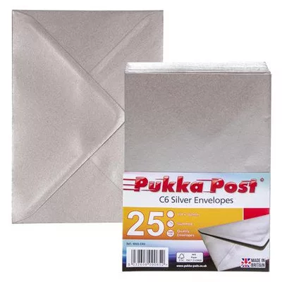 Boríték, C6, enyvezett, PUKKA PAD "Silver", ezüst, 25 db/csomag