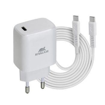   Hálózati töltő, 20W, USB-C (PD 3.0), USB-C töltőkábel, RIVACASE "PS4191", fehér