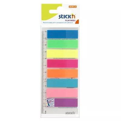 Jelölőcímke, műanyag, 8x25 lap, 45x12 mm, STICK N, neon színek 200 lap