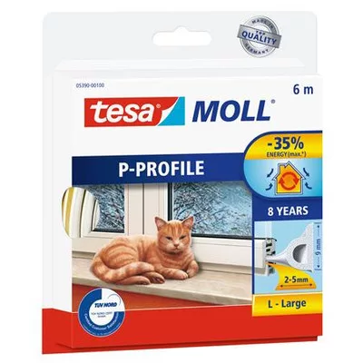 Ajtó- és ablaktömítő szalag, 9 mm x 6 m, TESA "tesamoll® P profil", fehér 6 méter