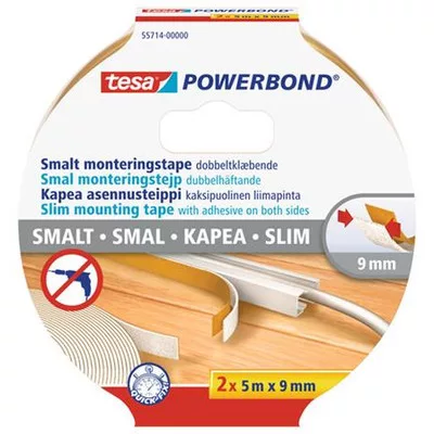 Szerelőszalag, keskeny, 2 x 9 mm x 5 m, TESA, "Powerbond" 5 méter