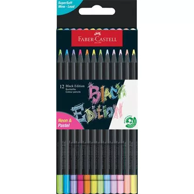 Színes ceruza készlet, háromszögletű, FABER-CASTELL "Black Edition",  6-6 különböző neon és pasztell szín 12 db