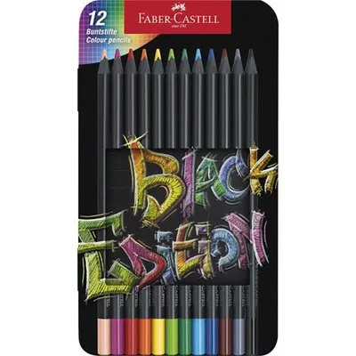 Színes ceruza készlet, háromszögletű, fémdobozban, FABER-CASTELL "Black Edition",  12 különböző szín 12 db