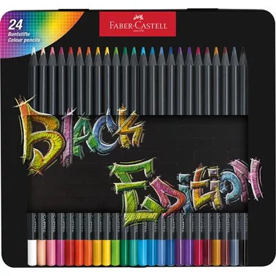 Színes ceruza készlet, háromszögletű, fémdobozban, FABER-CASTELL "Black Edition",  24 különböző szín 24 db