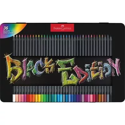 Színes ceruza készlet, háromszögletű, fémdobozban, FABER-CASTELL "Black Edition",  36 különböző szín