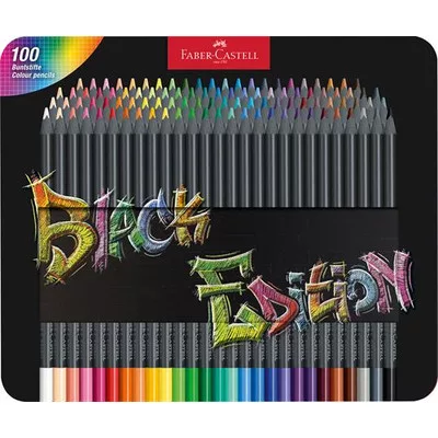 Színes ceruza készlet, háromszögletű, fémdobozban, FABER-CASTELL "Black Edition", 100 különböző szín