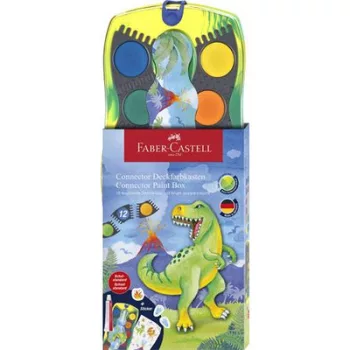   Vízfesték, 12 darabos, összeilleszthető, FABER-CASTELL "Dinoszaurusz"+1 tubus fehér tempera + dinoszaurusz matrica 13 db