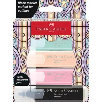   Szövegkiemelő készlet, FABER-CASTELL "Glassy", 3 különböző pasztell szín + fekete 4 db