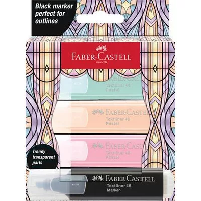 Szövegkiemelő készlet, FABER-CASTELL "Glassy", 3 különböző pasztell szín + fekete 4 db