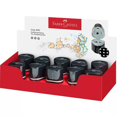 Hegyező display, háromlyukú, tartályos, FABER-CASTELL "Grip 2001 Trio", fekete 10 db