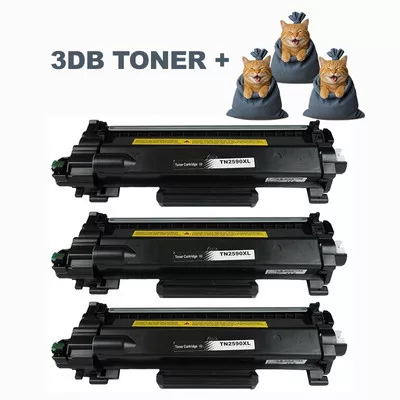 3db Utángyártott BROTHER TN2590XL fekete Toner  + ► 3DB meglepetés ajándék ◄  ( 3X3.000 oldal kapacitás )  (CHIP-pel!)