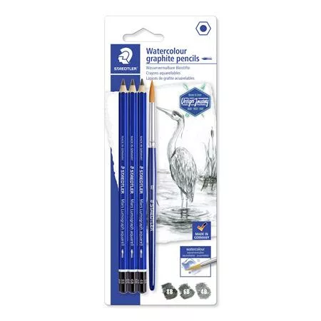 Grafitceruza készlet, akvarell, ecsettel, hatszögletű, STAEDTLER „Mars® Lumograph® aquarell 100A”, 3 különböző keménység 4 db