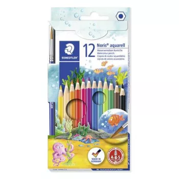  Akvarell ceruza készlet, hatszögletű, ecsettel, STAEDTLER "Noris® aquarell 144 10", 12 különböző szín 12 db