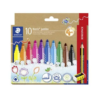 Filctoll készlet, grafitceruzával, radírral, 3 mm, háromszögletű, STAEDTLER "Noris® jumbo 328", 10+1 szín 12 db