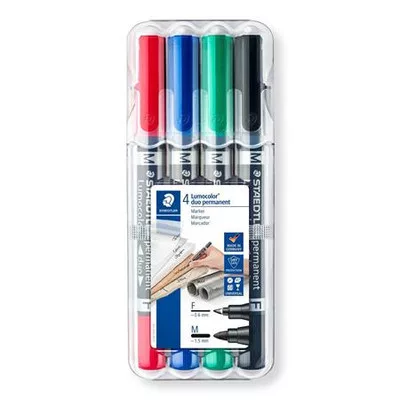 Alkoholos marker készlet, 0,6/1,5 mm, kúpos, kétvégű, STAEDTLER "Lumocolor® duo 348", 4 különböző szín 4 db