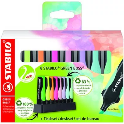 Szövegkiemelő készlet, 2-5 mm, STABILO "Green Boss Pastel", 8 db-os asztali készlet