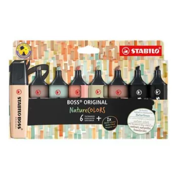   Szövegkiemelő készlet, 2-5 mm, STABILO "BOSS original NatureCOLORS", 6 különböző szín + 2 fekete 8 db