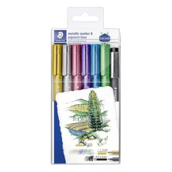   Dekormarker, 1-2 mm, kúpos, STAEDTLER "8323", 6 különböző metál szín, ajándék fekete tusfilccel 7 db
