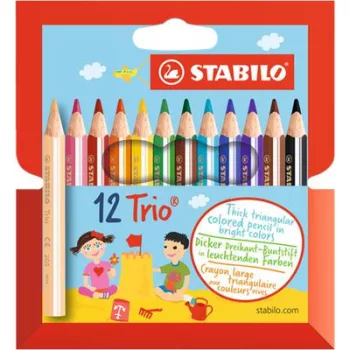   Színes ceruza készlet, háromszögletű, vastag, rövid, STABILO "Trio", 12 különböző szín 12 db