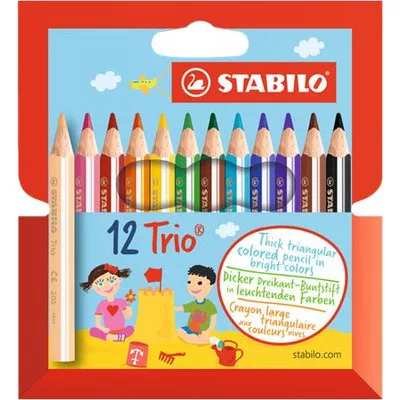 Színes ceruza készlet, háromszögletű, vastag, rövid, STABILO "Trio", 12 különböző szín 12 db
