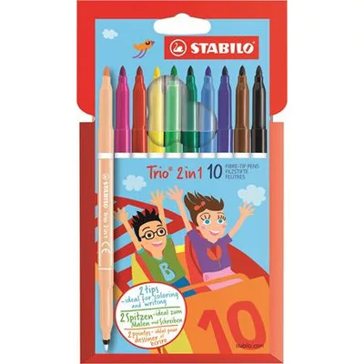 Filctoll készlet, 0,5-2 mm, kétvégű, STABILO "Trio 2 in 1", 10 különböző szín 10 db