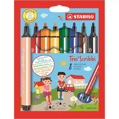 Filctoll készlet, 1,5-2 mm, rugós hegy, STABILO "Trio Scribbi", 8 különböző szín 8 db