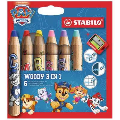 Színesceruza készlet, kerek, vastag, hegyezővel, STABILO "Woody 3 in 1", Mancs őrjárat, 6 különböző szín
