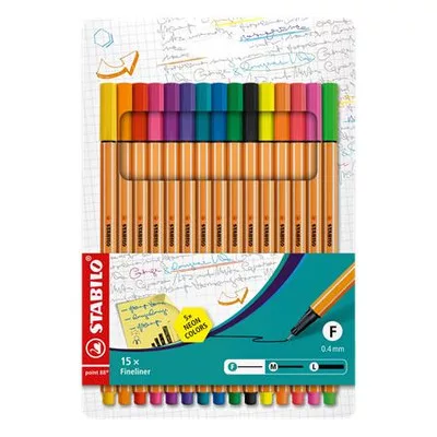 Tűfilc készlet, 0,4 mm, STABILO "Point 88", 10+5 különböző szín 15 db