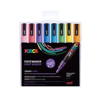 Dekormarker készlet, 0,9-1,3 mm, UNI "Posca PC-3ML", 8 különböző csillogó szín 8 db
