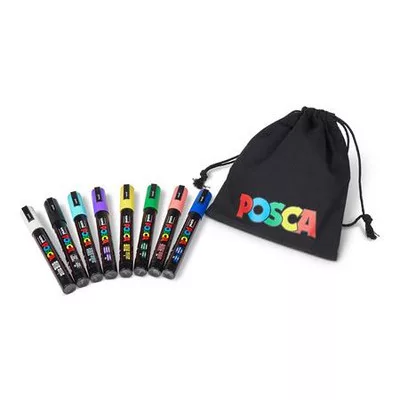 Dekormarker készlet, 1,8-2,5 mm, UNI "Posca Pouch PC-5M", 8 különböző szín, tartóval 8 db