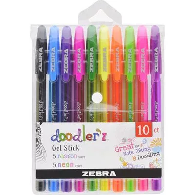 Zseléstoll készlet, 0,33 mm, kupakos, ZEBRA "Doodler'z Neon & Fashion", 10 vegyes szín 10 db