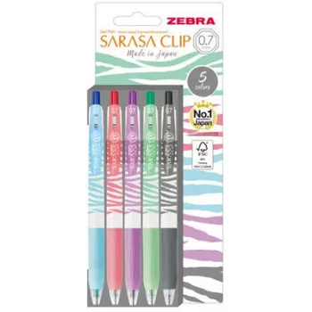   Zseléstoll készlet, 0,33 mm, nyomógombos, csíkos test, ZEBRA "Sarasa Clip Pastel", 5 különböző pasztell szín 5 db