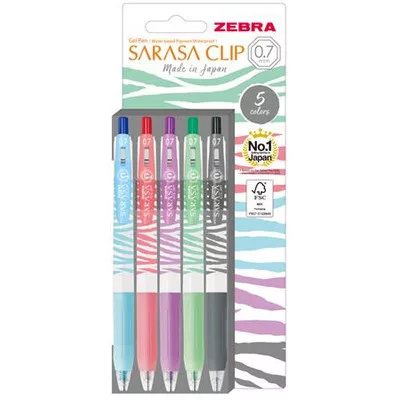 Zseléstoll készlet, 0,33 mm, nyomógombos, csíkos test, ZEBRA "Sarasa Clip Pastel", 5 különböző pasztell szín 5 db
