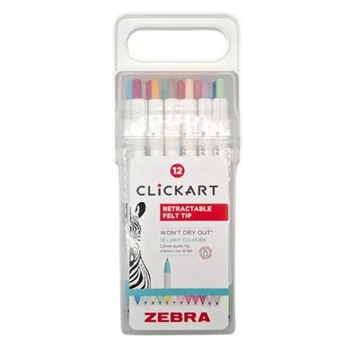 Filctoll készlet, nyomógombos, 0,6 mm, ZEBRA "Clickart" 12 különböző pasztell szín 12 db