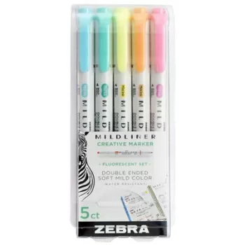   Szövegkiemelő készlet, 1,4/4,0 mm, kétvégű, ZEBRA "Mildliner Fluorescent", 5 szín 5 db