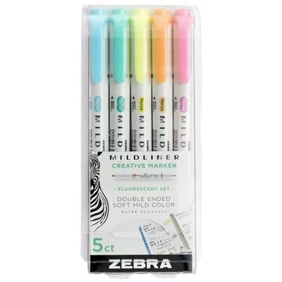 Szövegkiemelő készlet, 1,4/4,0 mm, kétvégű, ZEBRA "Mildliner Fluorescent", 5 szín 5 db