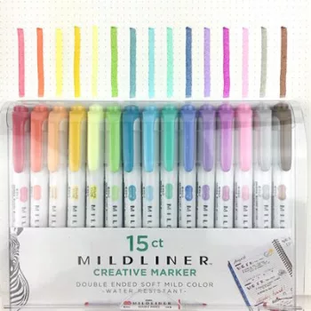   Szövegkiemelő készlet, 1,4/4 mm, kétvégű, ZEBRA "Mildliner Highlighter", 15 különböző szín 15 db