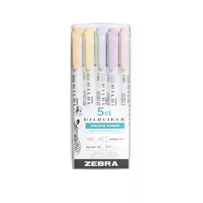 Szövegkiemelő készlet, 1,4/4 mm, kétvégű, ZEBRA "Mildliner Highlighter Gentle", 5 különböző szín 5 db