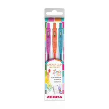   Zseléstoll készlet, 0,33 mm, nyomógombos, ZEBRA "Sarasa Clip Boho Vibes", 3 különböző szín 3 db