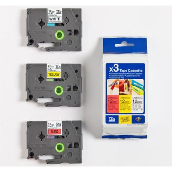   Brother P-touch TZe-31M3 csomag 12mm széles, 8 méter hosszú / kazetta - PIROS, SÁRGA / YELLOW, FEHÉR alapon FEKETE / BLACK felirat