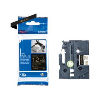   Brother P-touch TZe-R334 szövetszalag, 12mm széles, 4 méter hosszú - FEKETE / BLACK alapon ARANYSZÍNŰ felirat