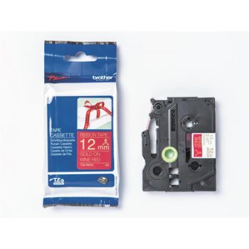   Brother P-touch TZe-RW34 szövetszalag, 12mm széles, 4 méter hosszú - BORDÓ alapon ARANYSZÍNŰ felirat